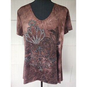 Shannon Ford Petite Embellished Rhinestones Short Sleeve Top Women's Size Large